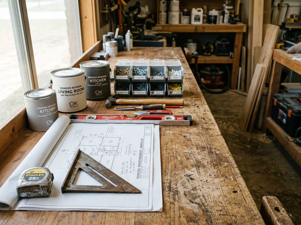 Professional construction tools and materials organized on a work surface, representing quality home renovation services.