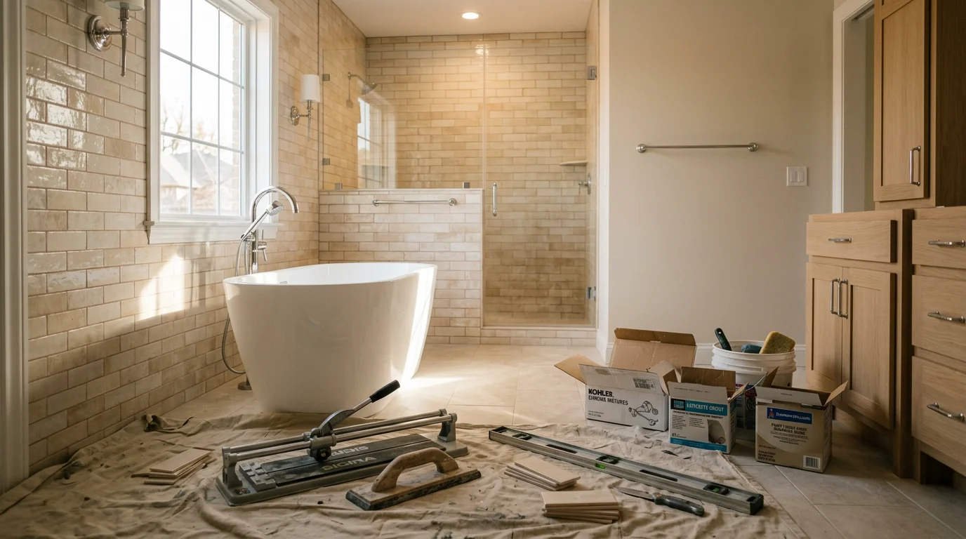Newly remodeled bathroom with modern fixtures and tile work