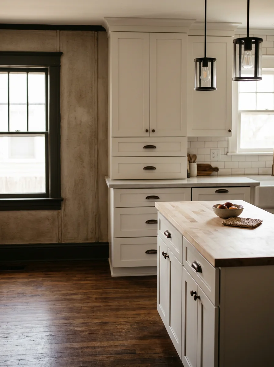 A renovated kitchen in an older Arcadia, OK home near Route 66, with new custom cabinetry, quartz countertops, and updated lighting replacing original 1980s builder finishes.