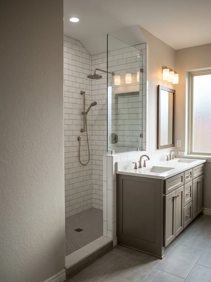 A renovated master bathroom in an Edmond, OK home featuring a walk-in tile shower, double vanity, and updated fixtures replacing original 1990s finishes.