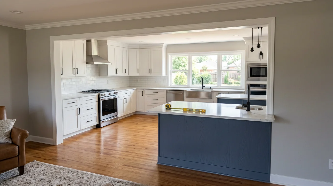 A newly remodeled open-concept kitchen in an Edmond, OK ranch home with white shaker cabinets, quartz countertops, and hardwood flooring replacing a closed galley layout.