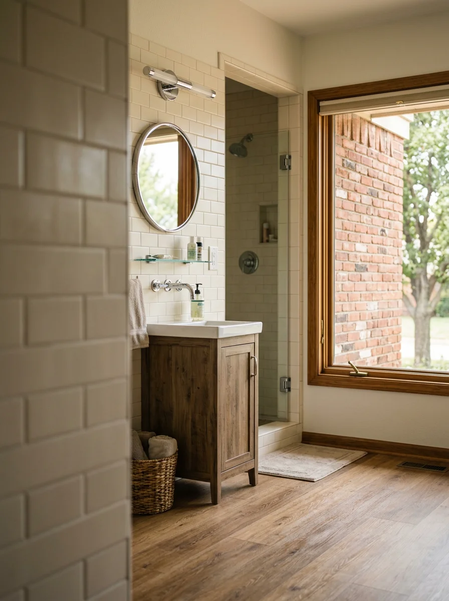 A renovated bathroom in an older Moore, OK home west of I-35 with a tiled walk-in shower, updated vanity, and new flooring replacing original 1980s fixtures and tile.