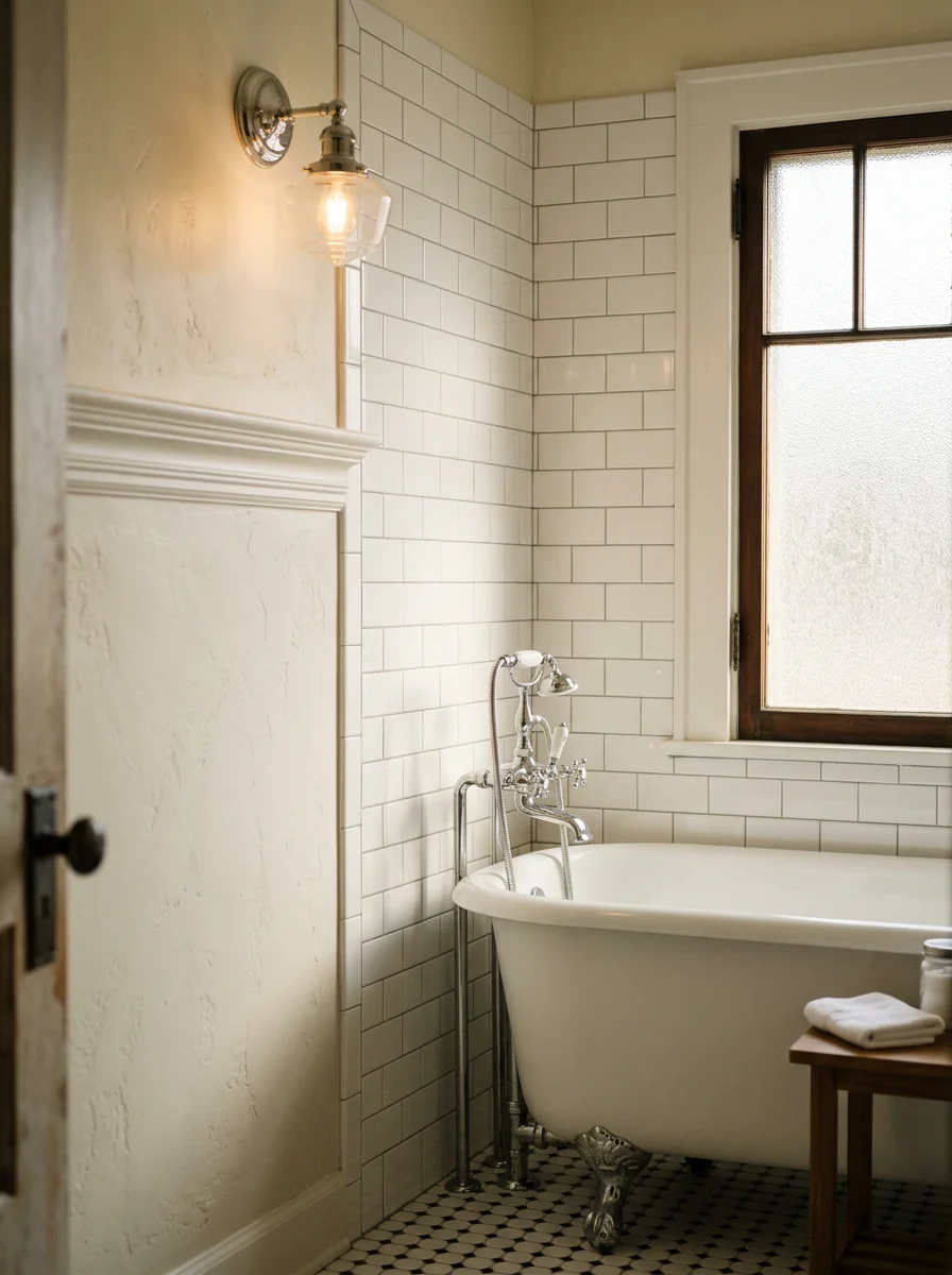 A renovated bathroom in a historic Oklahoma City bungalow featuring subway tile, a freestanding soaking tub, and updated plumbing fixtures that complement the home's original character.
