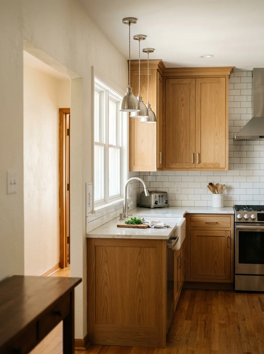 A renovated kitchen in an older Piedmont, OK ranch home with new custom cabinetry, quartz countertops, and updated lighting replacing original 1980s builder finishes.