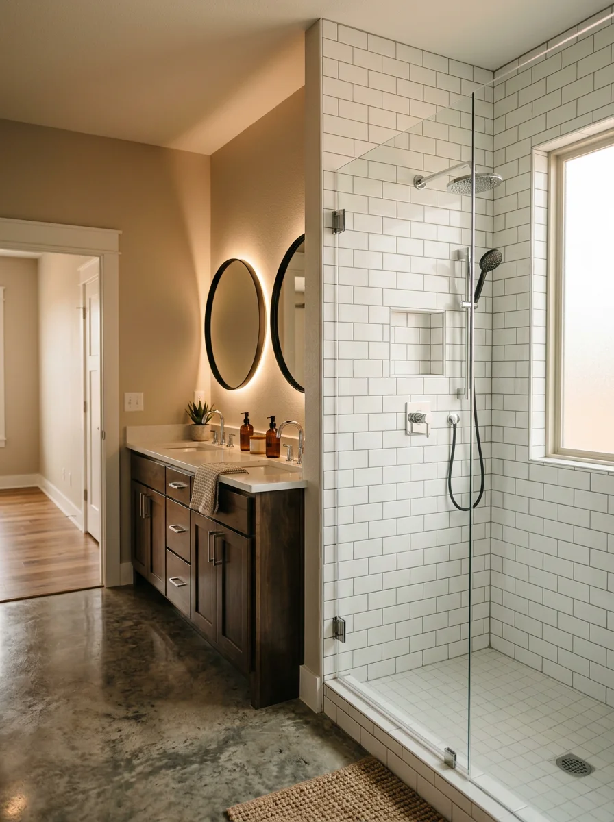 A renovated master bathroom in a Yukon, OK home with a tiled walk-in shower, double vanity, and updated lighting replacing original builder-grade fixtures and a single-sink vanity.