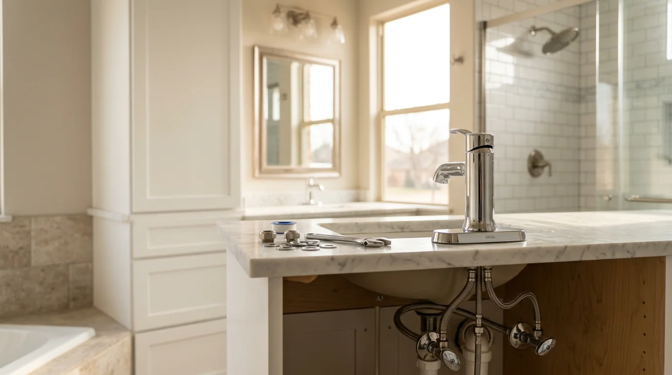 Newly installed bathroom faucet and sink fixture in a residential bathroom in Edmond, Oklahoma. The chrome faucet is mounted on a white vanity with clean supply line connections visible beneath.