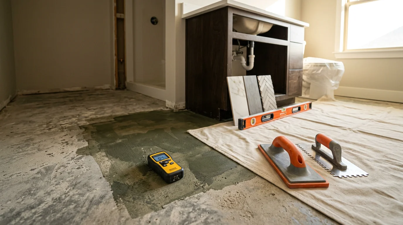 Newly installed moisture-resistant bathroom flooring in an Edmond, Oklahoma home, showing clean grout lines and a finished tile surface around a bathroom vanity. The completed floor reflects professional subfloor preparation and precise tile placement throughout the space.