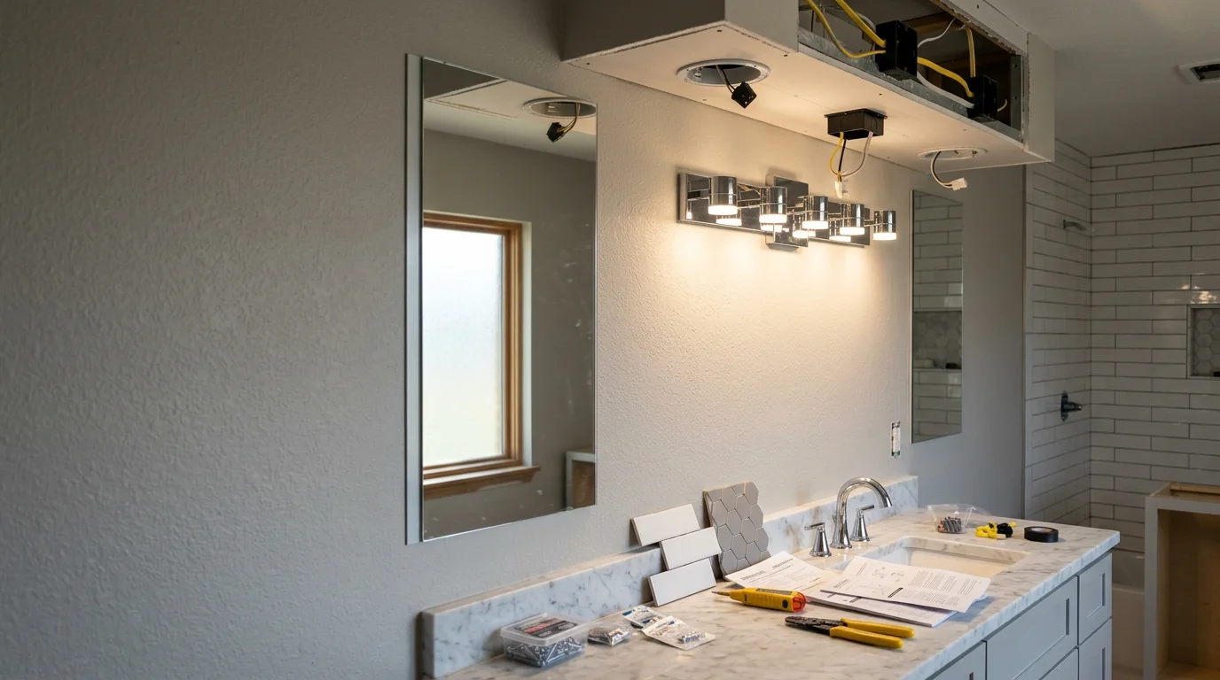 Newly installed vanity and recessed bathroom lighting in a remodeled bathroom in Edmond, Oklahoma. Fixtures provide even overhead and task lighting with no visible shadows at the mirror.