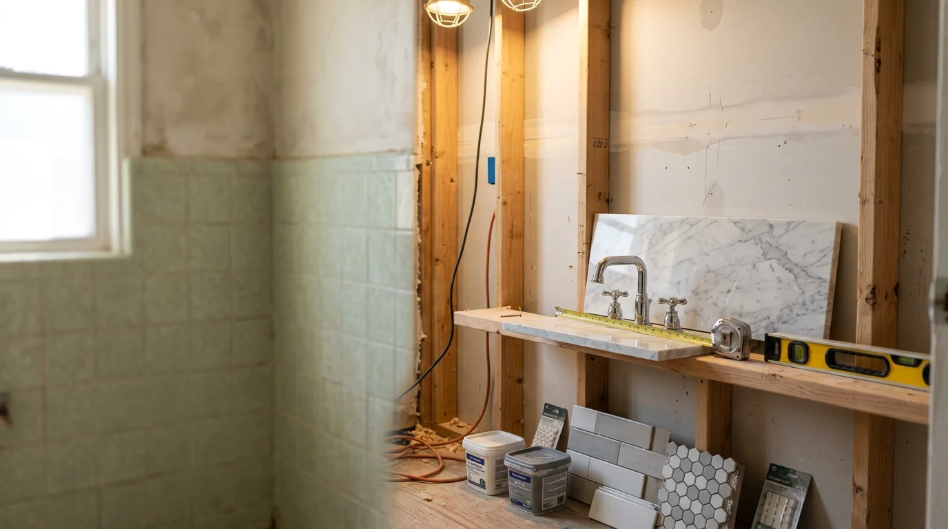 A remodeled bathroom in an Edmond, Oklahoma home showing a new vanity, updated wall surfaces, and a clean, modern layout. The finished space reflects a full renovation managed by Vincent Dream Homes LLC.