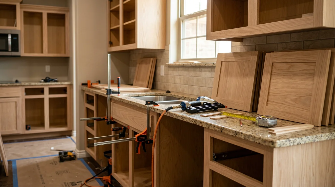 Refaced kitchen cabinets in an Edmond, Oklahoma home showing new door fronts, updated drawer faces, and fresh veneer on the face frames. The existing cabinet layout is preserved with modernized hardware throughout.
