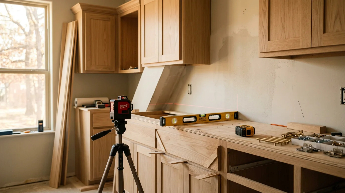 Newly installed custom kitchen cabinets in an Edmond, Oklahoma home, showing upper and base units with fitted trim and hardware. The layout fills the full wall run with no gaps, reflecting a precision-measured installation.