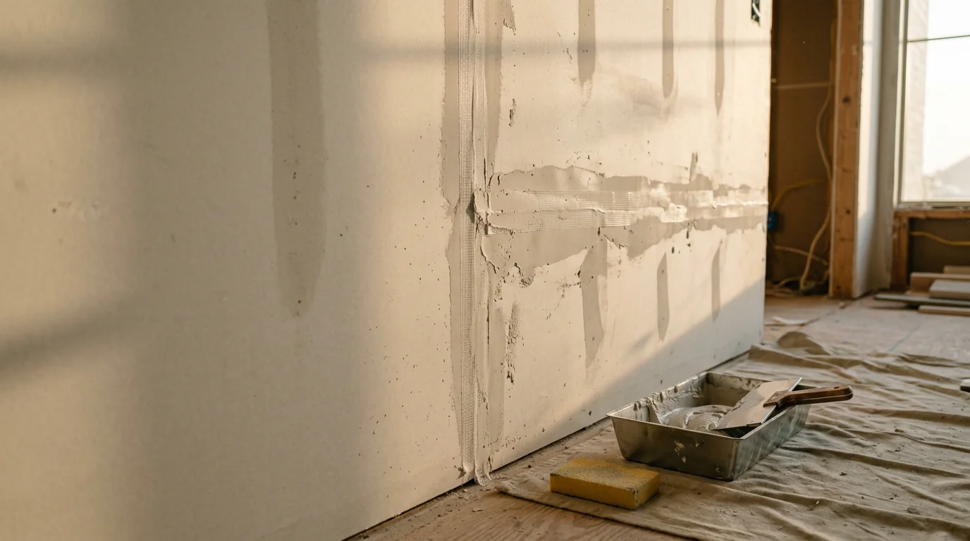 A freshly finished interior wall in an Edmond, Oklahoma home showing smooth, seamless drywall ready for paint with no visible seams or texture inconsistencies. A ceiling corner in the background shows clean tape lines and even compound work throughout the room.