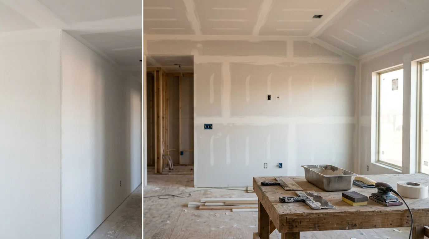Freshly installed and mudded drywall panels covering the interior walls of a new home under construction in Edmond, Oklahoma. The surface is smooth and seam-taped, ready for sanding and paint.