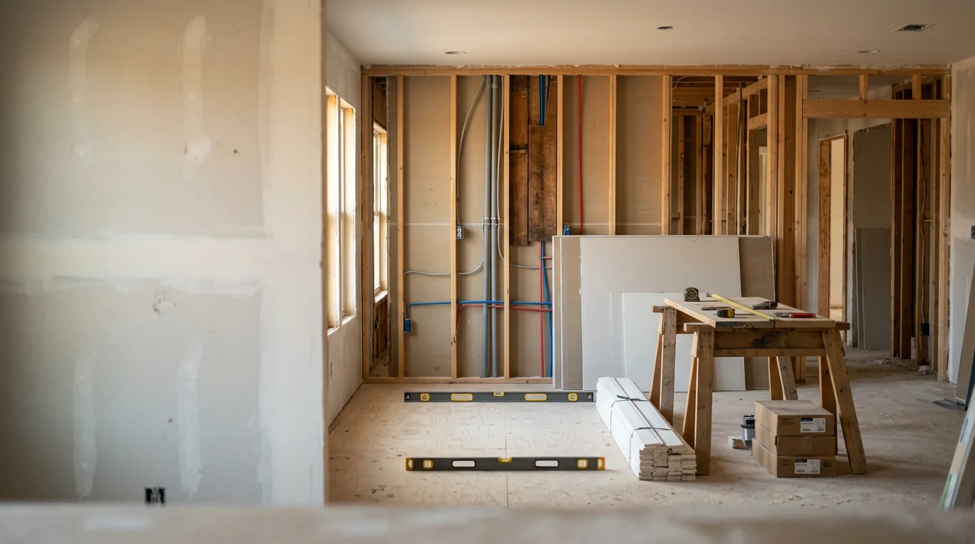 A fully renovated interior of an Edmond, Oklahoma home showing an open-concept living and kitchen area with updated flooring and modern finishes. The renovation reflects the style of established residential neighborhoods in the Edmond metro area.