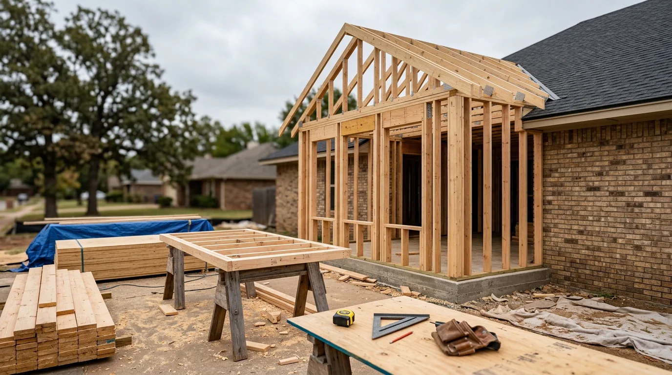 A newly completed room addition on a residential home in Edmond, Oklahoma, showing exterior framing and siding matched to the existing structure. The addition extends the home's footprint with a clean roofline connection and finished exterior that blends with the original build.