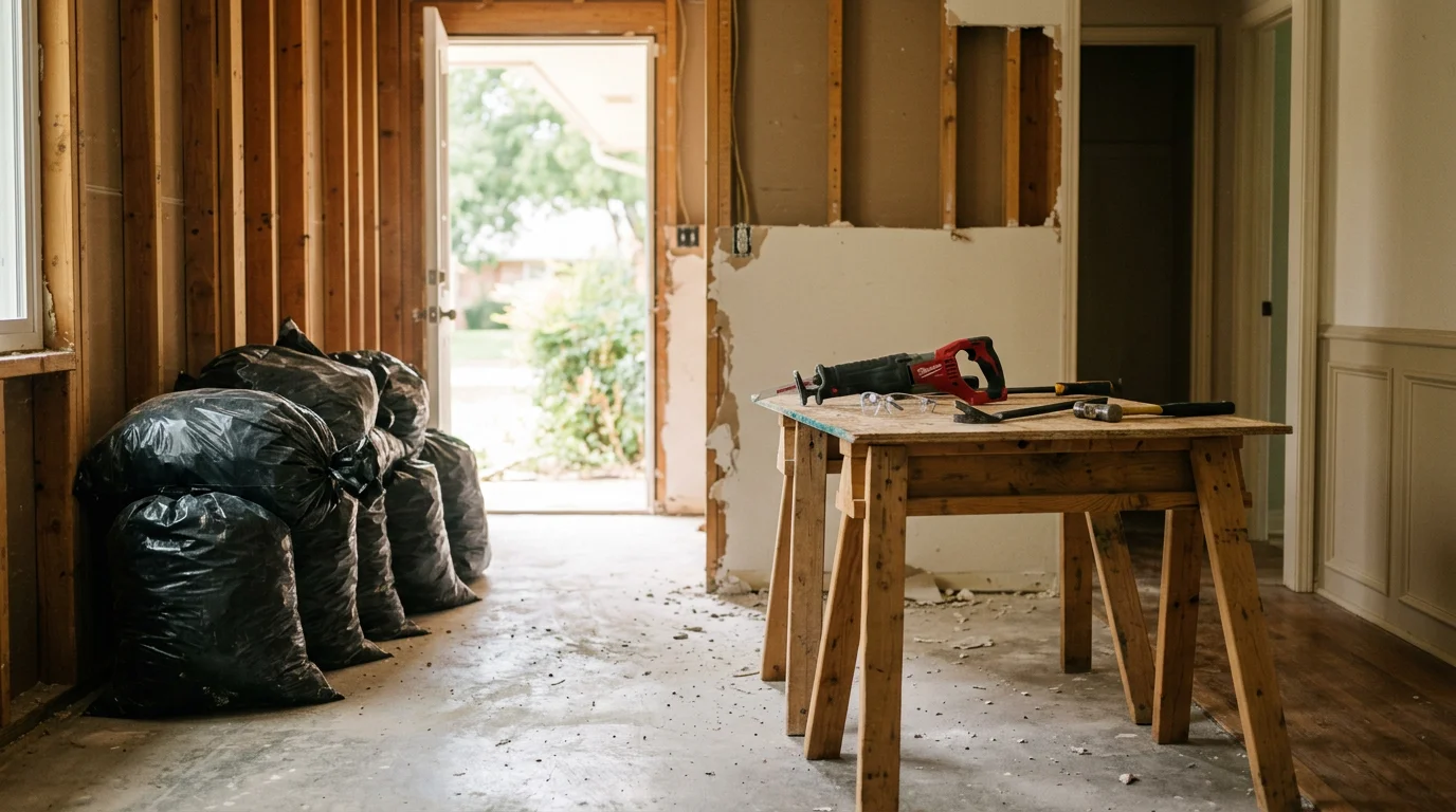 Interior demolition in progress inside an Edmond, OK home, with walls stripped to the studs and flooring removed in preparation for renovation. A cleared room shows exposed framing and an open floor plan ready for the next phase of construction.