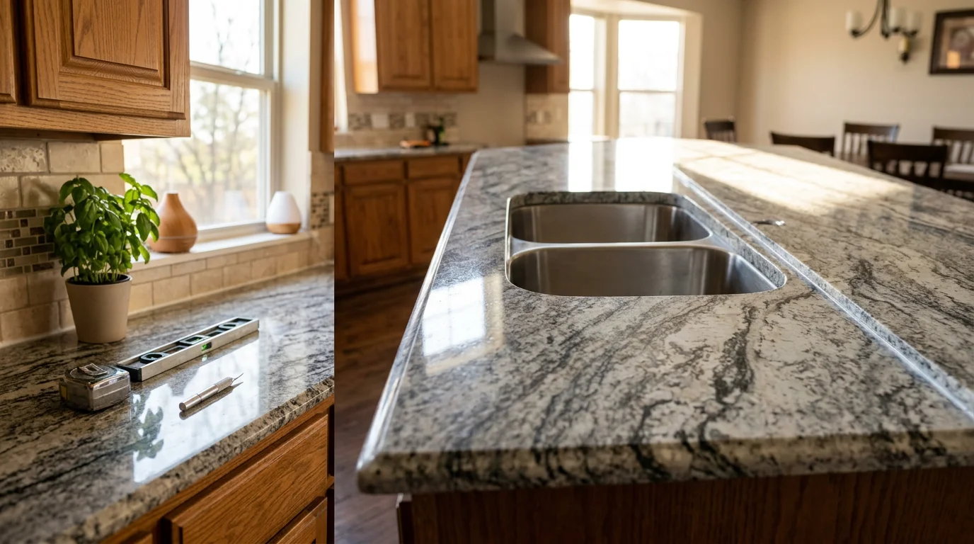 Newly installed kitchen countertop fitted to white shaker cabinets in an Edmond, Oklahoma home, showing clean edge profiles and a finished undermount sink cutout.