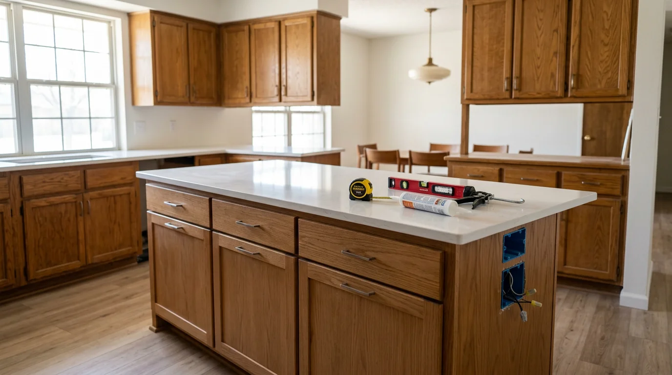 A newly installed kitchen island with base cabinets and a countertop surface in an Edmond, Oklahoma home. The island includes open seating on one side and clear walking space on all sides.