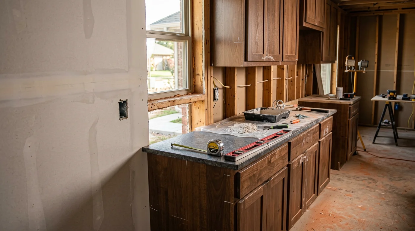 Remodeled kitchen in an Edmond, OK home featuring an open layout with updated flooring and new cabinetry. The finished space reflects a Vincent Dream Homes LLC kitchen remodeling project serving the greater Oklahoma City metro area.