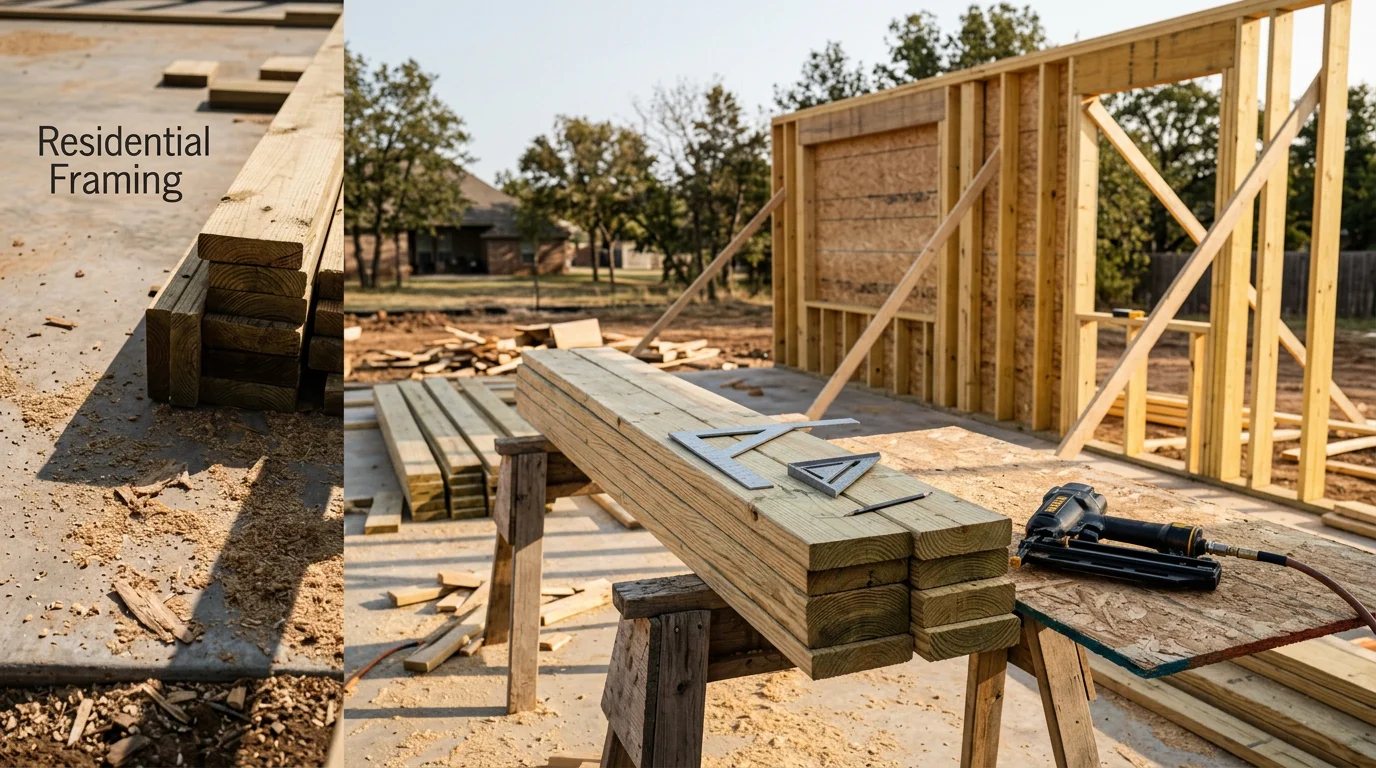 Residential wood framing in progress on a home in Edmond, Oklahoma, showing wall studs, floor systems, and roof framing structure under a clear sky. A framing crew works on-site with the structural skeleton of the house fully visible before sheathing is applied.