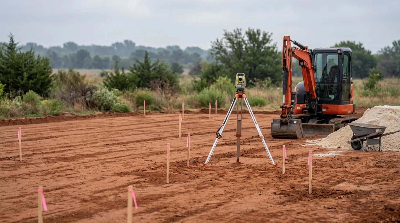 A graded and cleared residential building lot in Edmond, Oklahoma, with leveled soil and defined drainage slope ready for foundation work. A general contractor reviews the prepared site against a flat central Oklahoma sky.