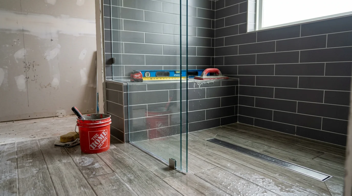 A finished walk-in shower installation in an Edmond, Oklahoma home, showing a curbless entry, tiled walls, and a recessed shelf. The bathroom previously had a standard tub-shower combo in the same footprint.